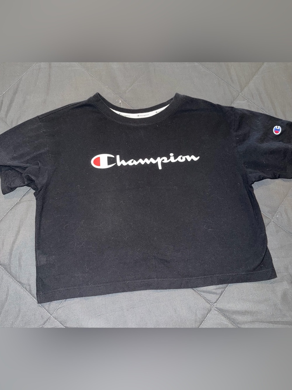Champion Black Cropped Logo Tee with Red & White Accent